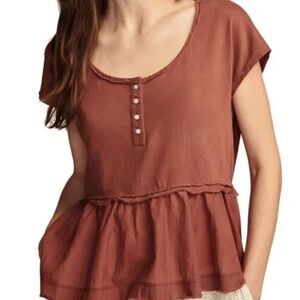 Lucky Brand Short Sleeve Peplum Henley Top, Burgundy, Size L